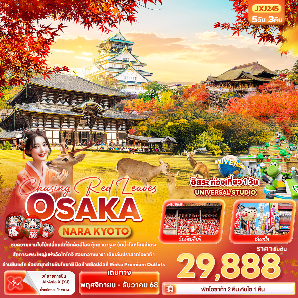 ทัวร์ญี่ปุ่น  Chasing Red Leaves OSAKA NARA KYOTO UJI 5วัน 3คืน (XJ)