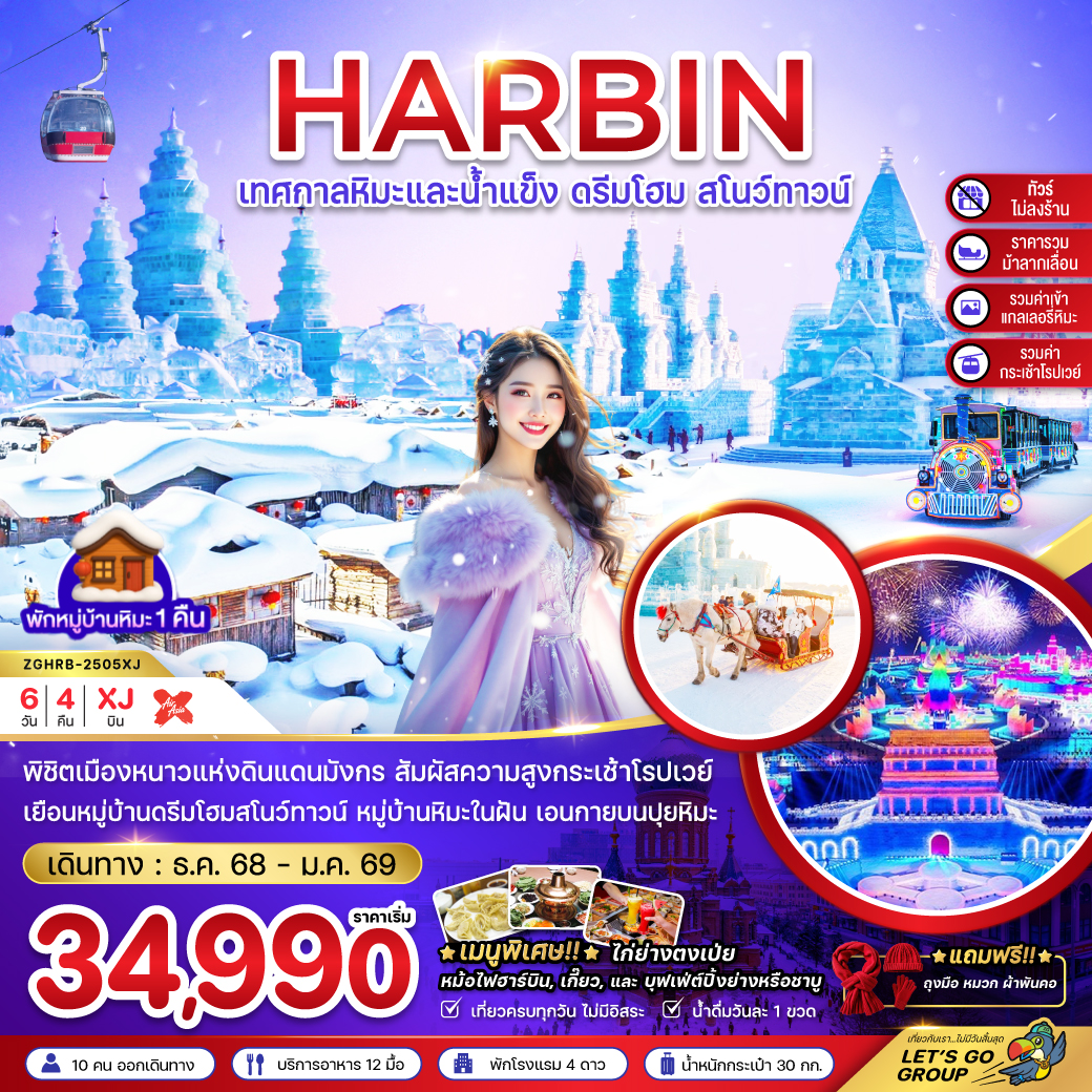 ทัวร์จีน บินตรงฮาร์บิน เทศกาลหิมะและน้ำแข็ง หมู่บ้านหิมะ ดรีมโฮม สโนว์ทาวน์ (ไม่ลงร้าน) 6วัน 4คืน (XJ)