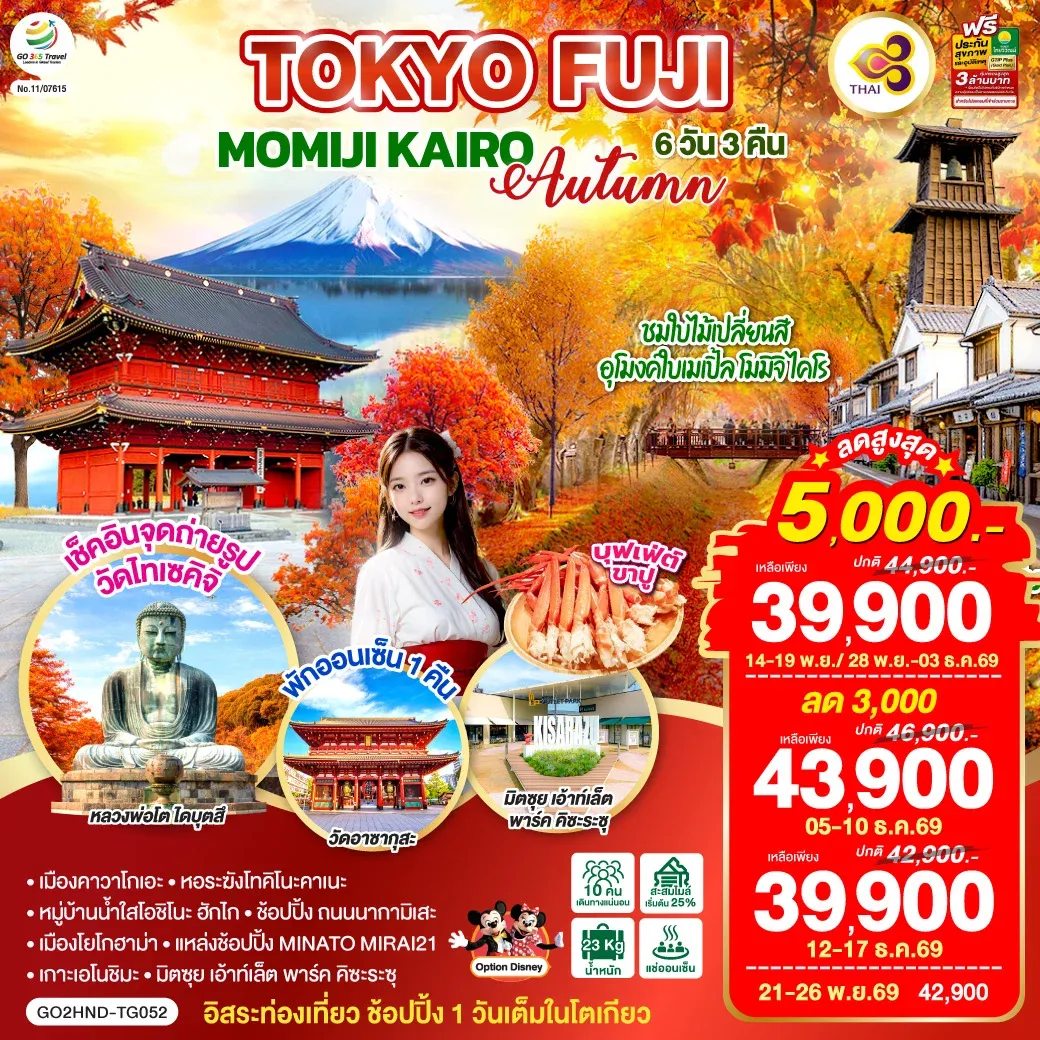 ทัวร์ญี่ปุ่น TOKYO FUJI MOMIJO KAIRO AUTUMN 6วัน 3คืน (TG)