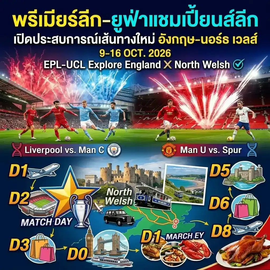ทัวร์อังกฤษ พรีเมียร์ลีก-ยูฟ่าแชมเปียนส์ลีก (EPL-UCL Explore England X North Welsh) 8วัน 6คืน (EK)